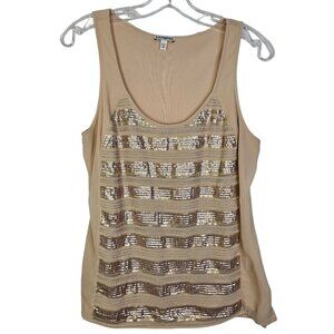 Express Women Medium Beige Sequin Tank Top Sleeveless Blouse Shirt Scoop Neck